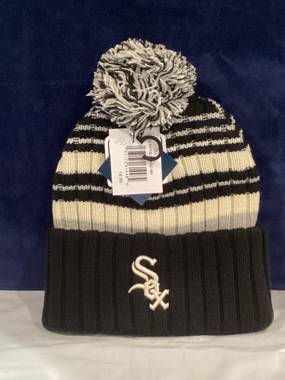 Chicago White Sox Men’s Stripe Pom Cuffed Beanie Black Cream Gray NWT